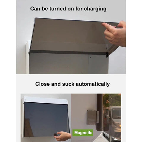 Top Shelf EV Charger Cover With Hella Tough Metal Shield For Wall Mount Stations showing magnetic closure and automatic operation.