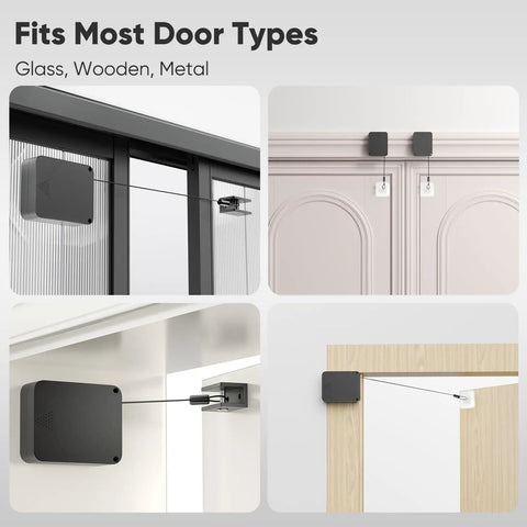 Heavy Duty Retractable Automatic Door Closer With Anti Slam Buffer For Ultra Smooth Glide And Zero Drama Toolless Setup Fits Standard Screen Sliding Doors shown on different door types.