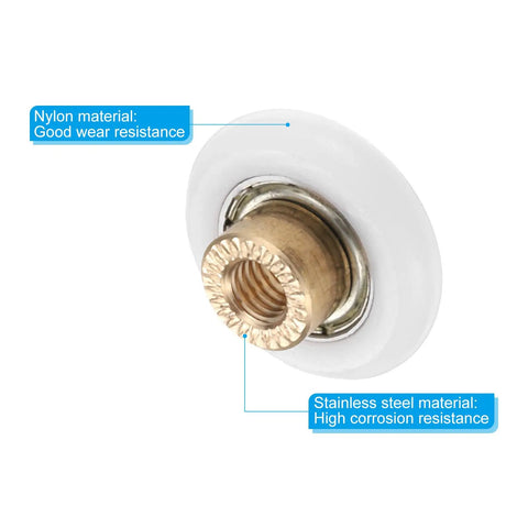 Heavy Duty Shower Door Rollers 4 Pack Bathroom Sliding Glass Door Pulleys No Sweat Installation Slick Smooth Glide 25 Millimeter Nylon Bearings Top Shelf Replacement Hardware White close-up showing nylon material and stainless steel insert