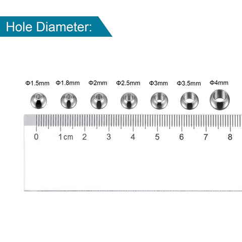 Different sizes of stainless steel spacer beads with hole diameters from 1.5mm to 4mm, ideal for crafting.