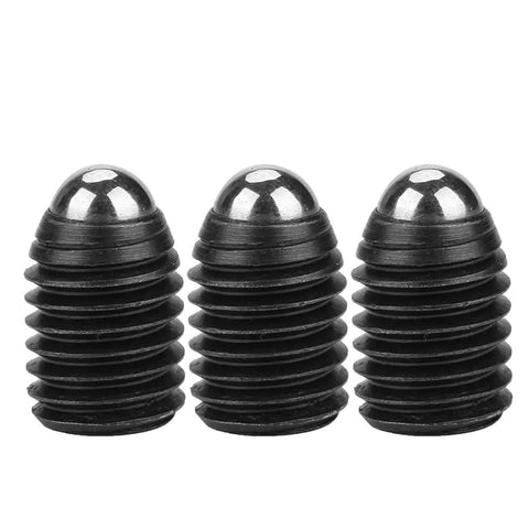 Rock Solid Heavy Duty Ball Plunger Screw Set M12x16 Threaded Positioning Fasteners With Hex Socket Spring Action For Cnc Jigs Fixtures And Industrial Machine Mounting 10 Piece Package, showing three black carbon steel ball plungers.