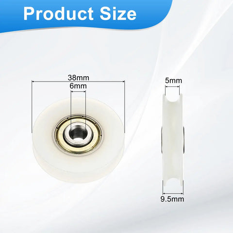 16 Pcs Slick U Groove Nylon Guide Rollers 6mm Bore 38mm Outer 9mm Thick showing dimensions for precision track systems.