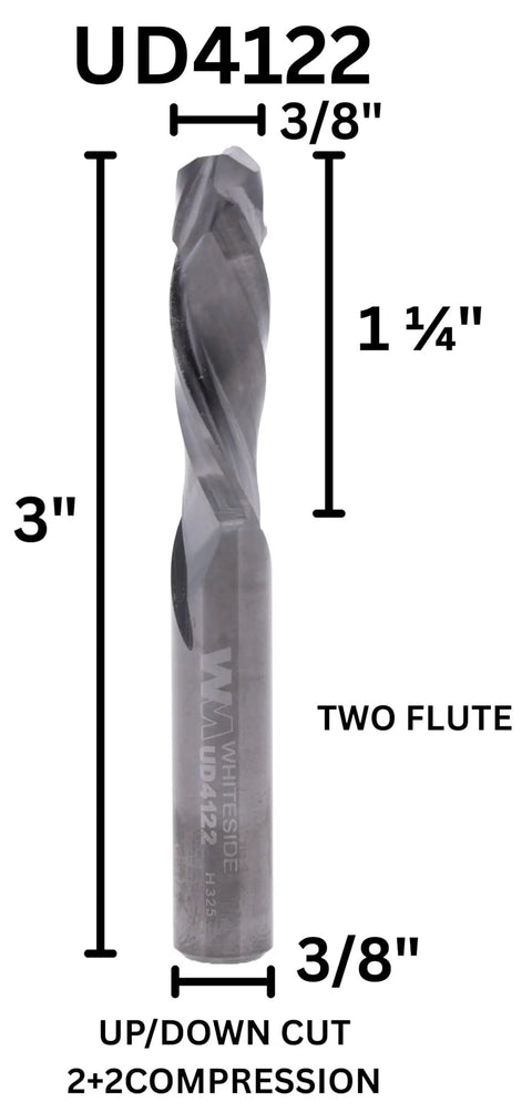 Up Down Cut Spiral Router Bit With Solid Carbide Compression For Chip-Free Finishes, dimensions marked on tool image