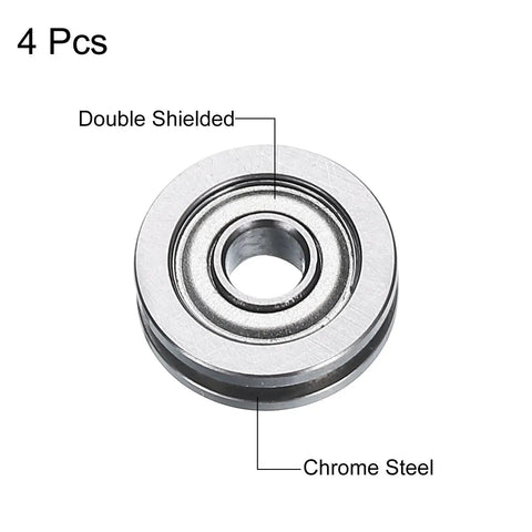 Top Shelf U Groove Track Guide Bearings In A Four Piece Set Featuring Tough As Nails GCr15 Chrome Steel Rollers, double shielded.