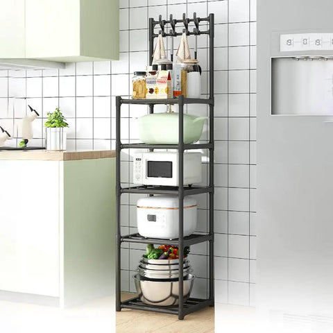 Five Tier Heavy Duty Storage Rack With Smooth Swivel Rolling Wheels Industrial Platform Shelving Unit For Garage Home Organization Rock Solid Rust Coated Steel Frame, filled with kitchen appliances.