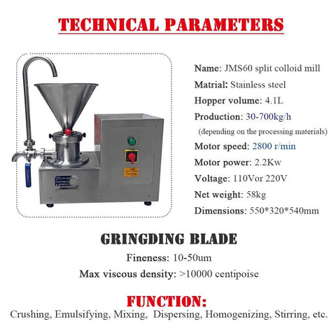 Technical parameters of JMS60 Commercial Split Peanut Butter Maker Grinder Stainless Steel Mill with grinding blade details