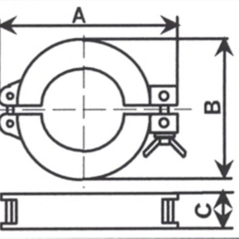 Technical drawing of Two Pack KF25 Wing Nut Flange Quick Clamp Hinge ISO KF Size NW25 Stainless Steel 304 Vacuum Fittings.