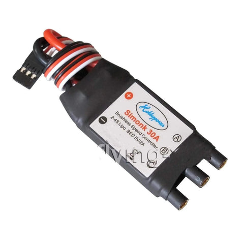 SimonK 30A Brushless ESC Speed Controller with BEC 2A for Multirotor Drones, featuring 3.5mm gold plugs and crystal oscillator.