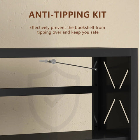 Close-up of anti-tipping kit on Straight Up Solid Five Tier Metal Bookshelf With Adjustable Shelves Tall Black Storage Rack.