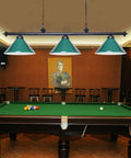 59 Inch Hanging Pool Table Light With Three Shade Billiard Lamps above a green pool table in a game room, green finish