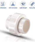 2 Inch PVC Union Pipe Fitting Socket To Socket, 4 Pack Built Tough Heavy Duty DIY Schedule 40 Coupling Adapter showcasing durability features