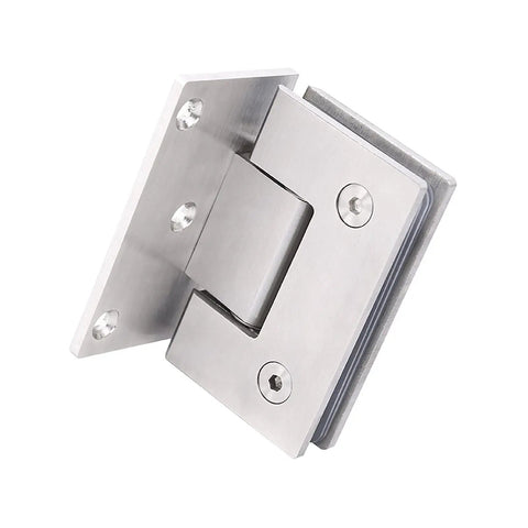 Premium 304 Brushed Stainless Steel Shower Hinges For Frameless Glass Doors 90 Degree Pair, detailed view of hinge mechanism.