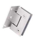Close-up of a Pair Of Premium 304 Stainless Steel Shower Door Hinges Built Damn Tough For Frameless Glass Doors Featuring A Slick Brushed Finish And Dead Solid 90 Degree Swinging Motion.