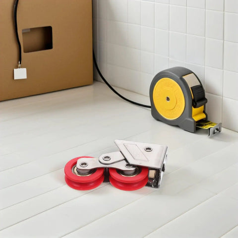 Heavy Duty Double Wheel Sliding Door Rollers And Stainless Steel Window Glide Replacement Pulleys on a white surface, red wheels visible.