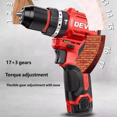 Kickass 12V Brushless Cordless Drill Driver With 3Ah Rechargeable Battery And Variable Speed Control showing gear adjustment and torque settings.