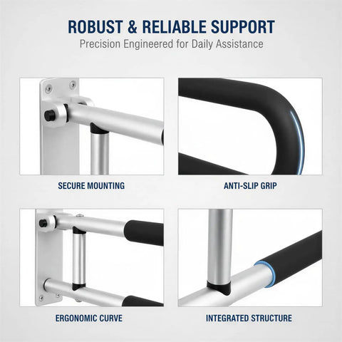 Close-up of Heavy Duty Flip Up Toilet Safety Rail And Wall Mount Grab Bar Crafted From Heavy Aluminum with secure mounting and anti-slip grip.
