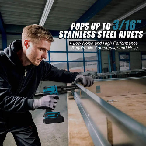 Dead-Easy No-Fuss Cordless Rivet Gun With 21V Battery And Brushless Motor For Automatic Core Pulling and Knockout Tight Fit Professional Handheld Blind Riveter Tool Kit handles 3/16" stainless steel rivets.