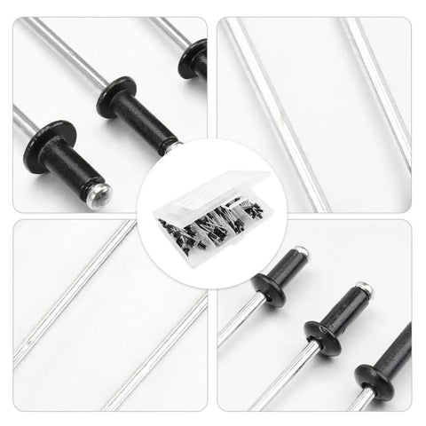 Close-up of Easy Install Blind Rivets 120 Piece Black Aluminum Assortment Kit with M2.4 M3.2 M4 fasteners in packaging.