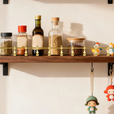 Rock Solid Eight Piece Brass Gallery Rails Kit featuring heavy duty metal spindle connectors on a wooden shelf with jars.