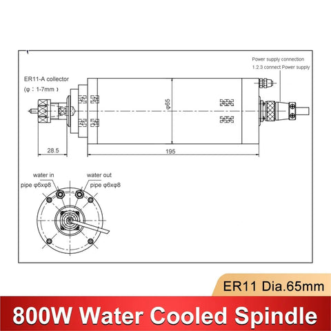 Diagram of Pro Grade 800 Watt Water Cooled Spindle Motor ER11 Collet 65 mm By 195 mm with detailed measurements.