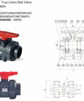 Top Shelf Pvc Ball Valve Union Connector for Smooth Water Pipe with red handle, 150PSI pressure, ideal for plumbing use.