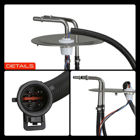 Top Shelf Electric Fuel Pump Module Assembly Fits Ford F 250 Super Duty 1999 To 2003 showing stainless steel components and connectors.