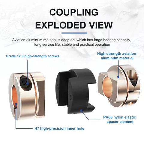 Upgrade Your 3D Printer Speed With Premium Flexible Shaft Coupler Oldham Style In Bold Sizes Like 8mm And 10mm For Smooth Motion Control And Precision Printing Performance Today exploded view, aluminum and PA66 nylon