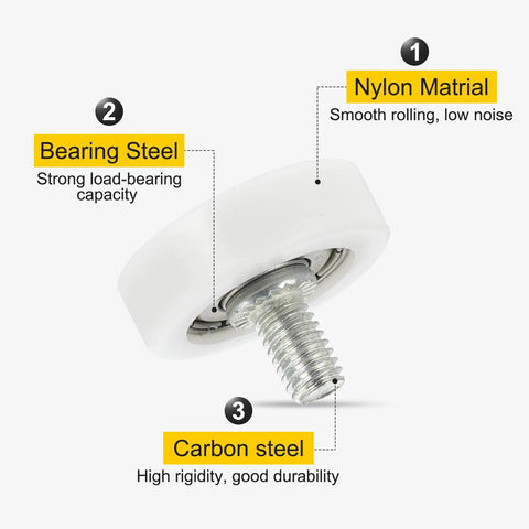 Heavy Duty PA66 Nylon Drawer Rollers Six Pack Slick Glide Wheels With M6 Thread and Four Millimeter Step for smooth rolling and durability.