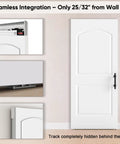Zero Hassle Concealed Barn Door With Butter Smooth Soft Close Glide And Show Stopper Two Panel Raised Arch Design In Crisp White Primer For Quick Room Refreshes, showing seamless integration and hidden track.