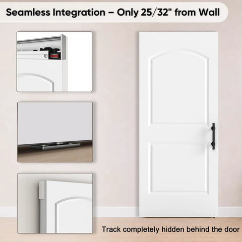 Zero Hassle Concealed Barn Door With Butter Smooth Soft Close Glide And Show Stopper Two Panel Raised Arch Design In Crisp White Primer For Quick Room Refreshes, showing seamless integration and hidden track.