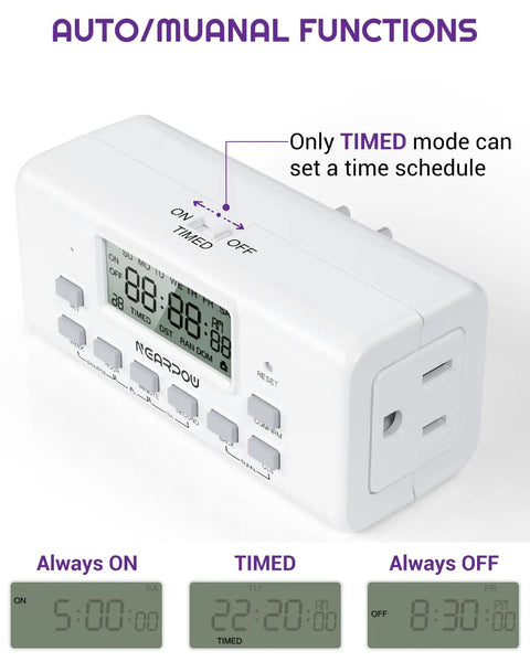 Dual Digital Timer Outlets Keep Your Daily Routine Smooth With A 7 Day Programmable Schedule display with timer settings and manual controls.