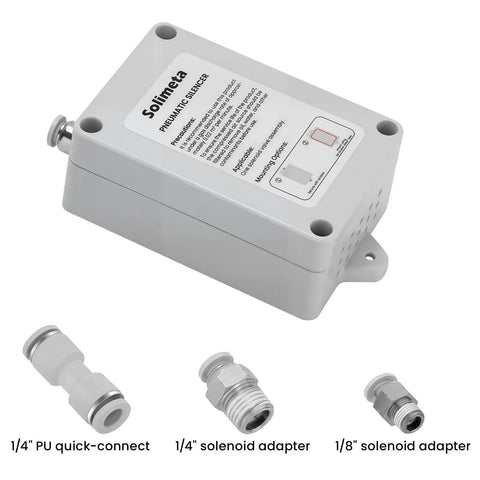 Heads Up Pro Shop Grade Pneumatic Muffler Uses 1/4 Inch Inlets to silence exhaust, includes adapters for connections.