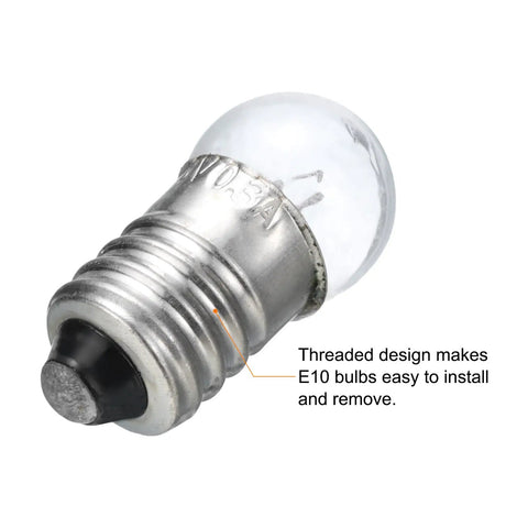 Hella Bright E10 Mini Light Bulbs With Warm Yellow Vibe 10 Pack 1.5V Miniature Screw Bulbs showing threaded design for easy installation.