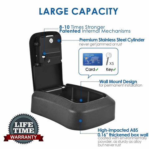 Heavy Duty 2 Pack Wall Mount Key Lock Box With 4 Digit Combination Code Tough As Nails Waterproof Outdoor Key Hider For Secure House Keys Built Rock Solid With Mounting Kit No Hassle Setup Black, showing inside view with capacity for keys and cards.