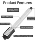 Compact 12V Mini Linear Actuator With Rocker Switch Smooth Push Pull Action built tough showing features like watertight housing and aluminum alloy shell.