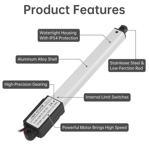 Compact 12V Mini Linear Actuator With Rocker Switch Smooth Push Pull Action built tough showing features like watertight housing and aluminum alloy shell.