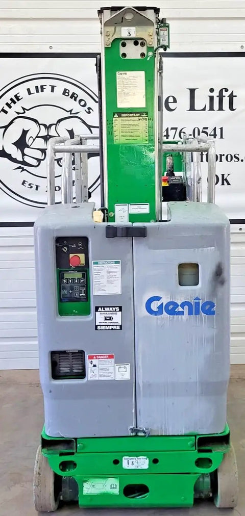 2016 Compact Self Propelled Electric Vertical Mast Lift Featuring Slick Drivability At Full Height, front view showing control panel and lift rail.