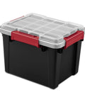 Six Pack Five Gallon Waterproof Storage Totes IP68 Submersible Plastic Bins With Airtight Silicone Seals, rugged black bin with red clamps.