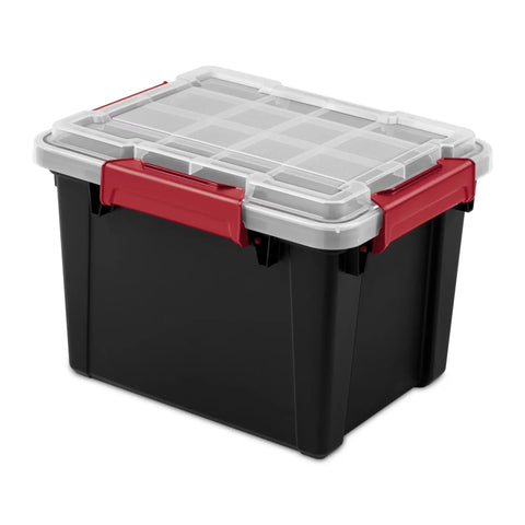 Six Pack Five Gallon Waterproof Storage Totes IP68 Submersible Plastic Bins With Airtight Silicone Seals, rugged black bin with red clamps.