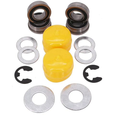 Top Notch Front Wheel Bushing To Bearing Conversion Kit Compatible With John Deere D130 D140 D150 D160 D170 D100 D105 D110 D120 Lawn Mower, includes yellow bushings and steel washers.