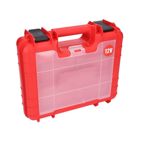Red plastic tool case designed for The Real Deal Cordless Drill Driver Featuring Kickin 25 Adjustable Speed Gears And 52Nm Precise Torque Control.