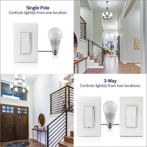 Killer Smooth Slide Dimmer Switch Antimicrobial Mold Resistant For Led And Bulbs Hassle Free Install Wall Plate shown in single and three-way configurations.