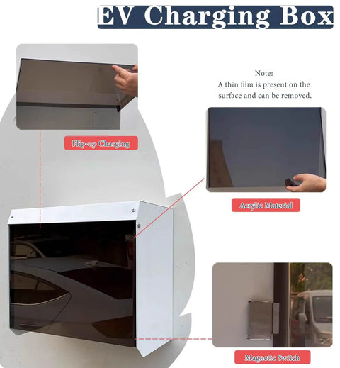 Built Like A Tank EV Charger Cover With Magnetic Wall Mount Durable acrylic box with flip-up charging and magnetic switch.