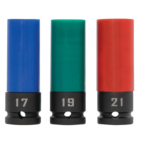 Road Ready Non Marring Wheel Lug Nut Socket Set With Scratch Free Inner Sleeves showing 17mm, 19mm, 21mm driver sizes.
