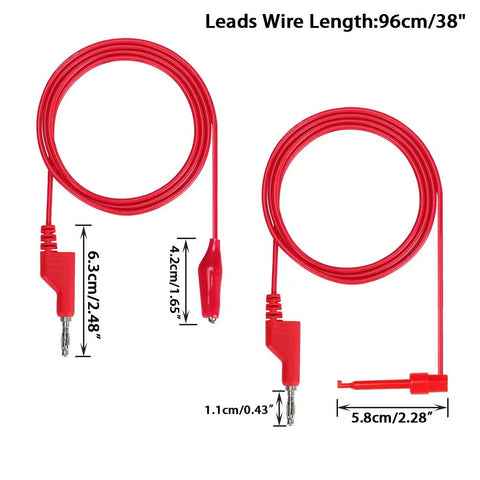 Stackable Banana Plug To Test Hook And Alligator Clip Leads Kit For Multimeters Flexible Silicone Electrical Test Wires With Protective Sheath Dual Active Pairs For Quick Setup And Reliable Readouts, showing red cables with size details.