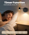 Lit Wireless Battery Operated Picture Light With 3 Color LED illuminating a wall with woman sleeping nearby, remote timer in use.