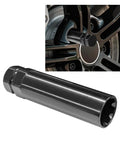 Heavy Duty Seven Point Spline Tuner Socket Wrench For Dead Grip Lug Nut Removal With 13/16 And 7/8 Inch Hex Drives shown on wheel.