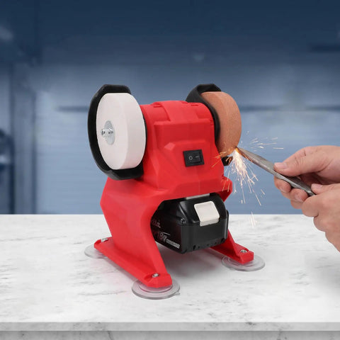 Heavy Duty Badass Mini Bench Grinder Featuring Dual 70 Mm Wheels Kicking Out 5500 Rpm For Rad Metal Shaping And Deburring Using Any 18V Battery Pack For Your Workshop, red design with grinding sparks.