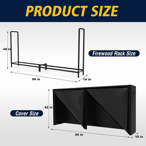 Dimensions of 8ft Heavy Duty Firewood Rack With Weather Resistant 600D Oxford Cover, showing 96x48x14 inch rack and 98x42x18 inch cover.