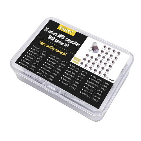 0603 Smd Capacitor Kit Mlcc Ceramic Bulk Value Pack Six Hundred Pieces with assorted values in a clear storage case.